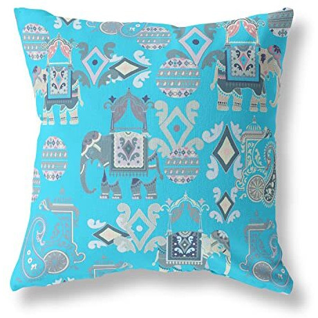 Amrita Sen Elephant Howdah Suede Zippered Pillow w Insert in Bright Blue and Gray