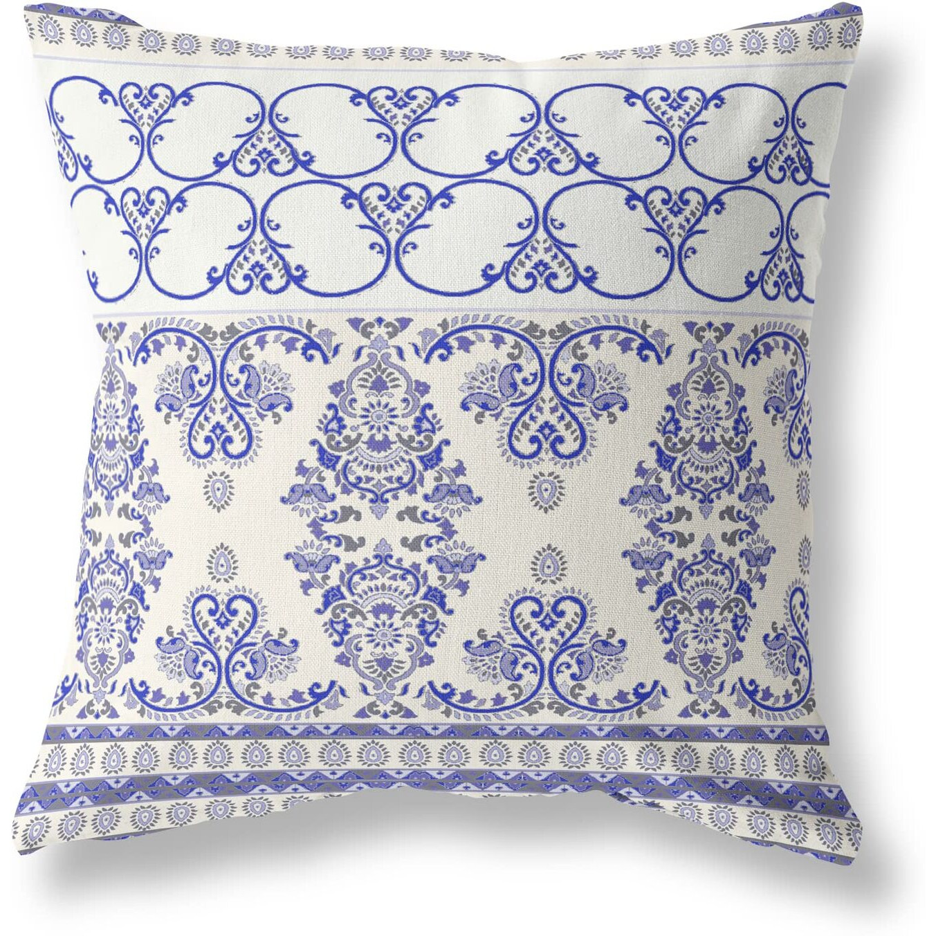 Amrita Sen Nandini Flowers Suede Zippered Pillow w Insert in White and Blue