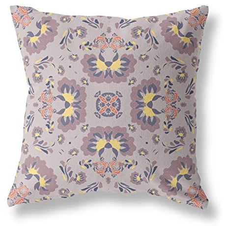 Amrita Sen Divine Flowers Suede Zippered Pillow w Insert in Muted Purple and Yellow