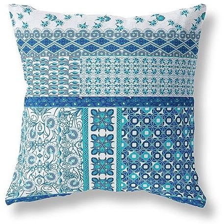 Amrita Sen Flower Castle Patchwork Suede Zippered Pillow w Insert in Blue and White