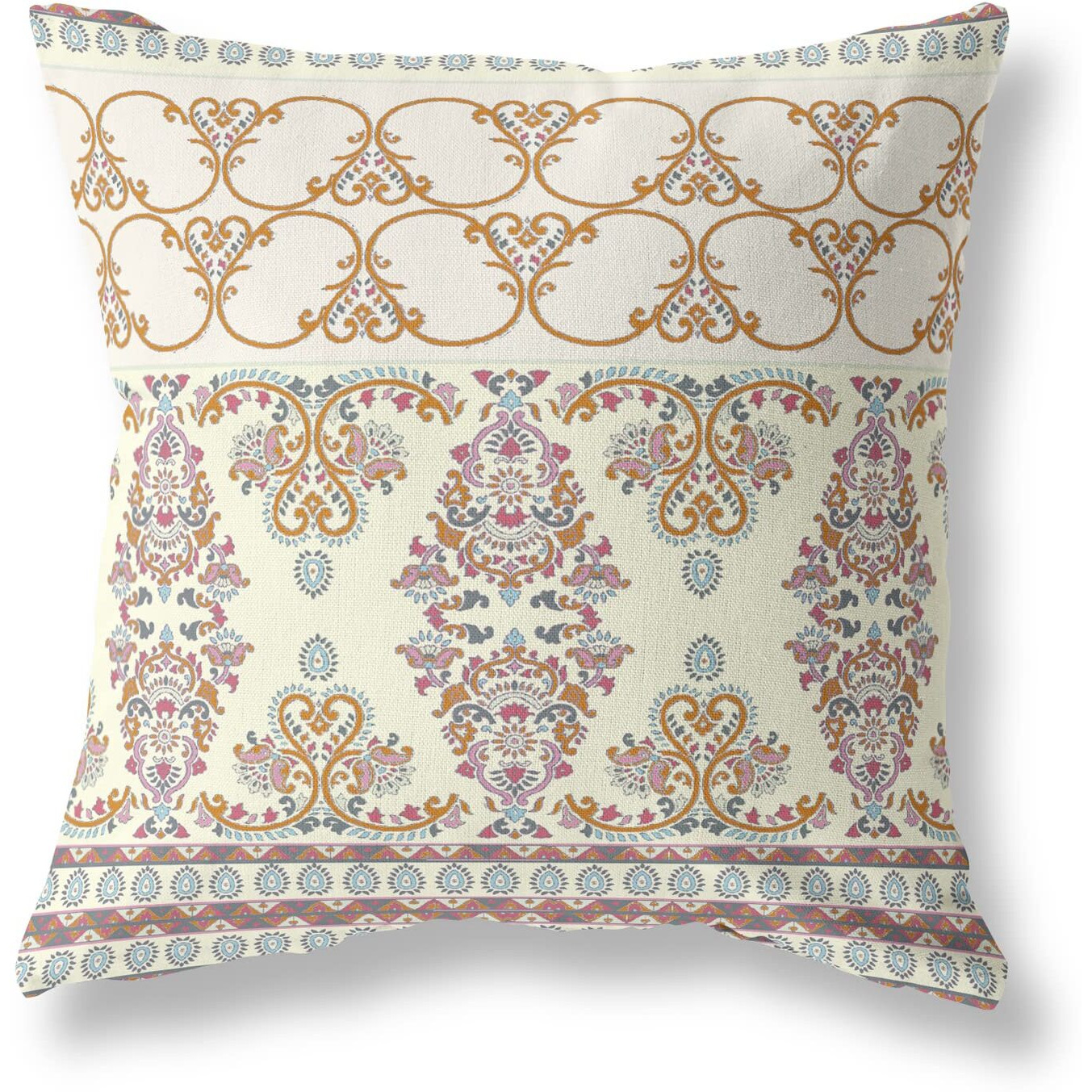 Amrita Sen Nandini Flowers Suede Zippered Pillow w Insert in Off White and Orange
