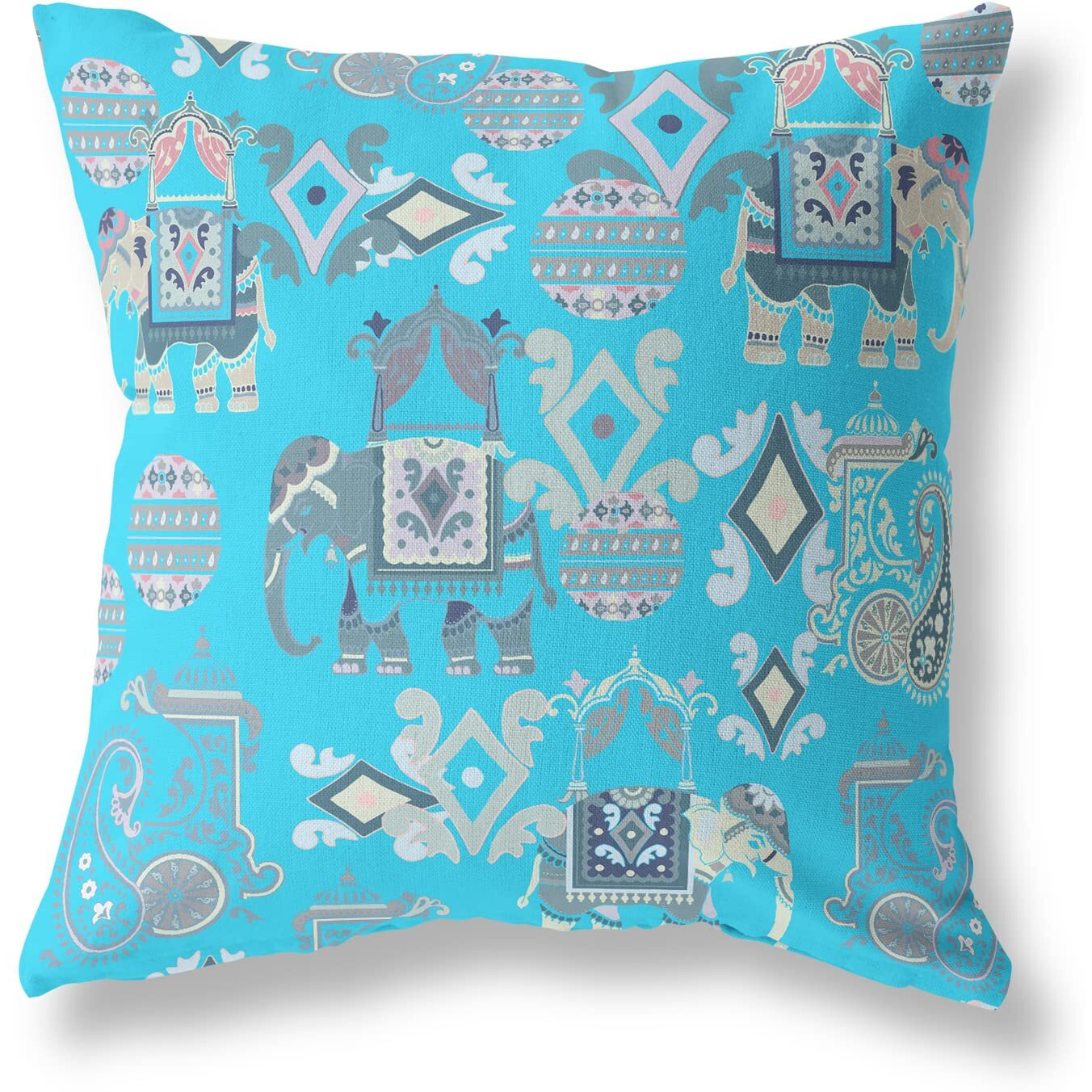 Amrita Sen Elephant Howdah Suede Blown and Closed Pillow w/Insert in Bright Blue and Gray