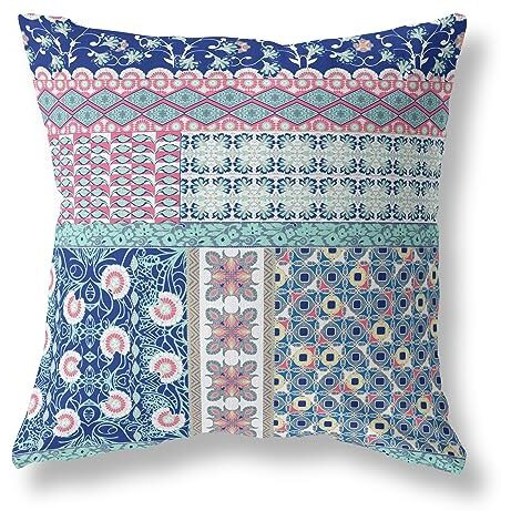 Amrita Sen Flower Castle Patchwork Suede Zippered Pillow w Insert in Blue and Pink