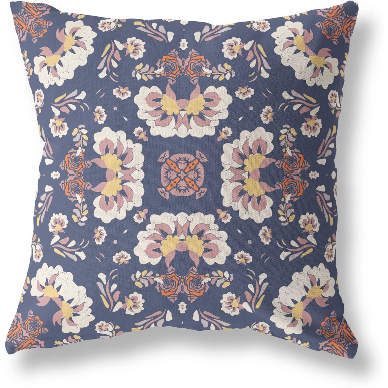 Amrita Sen Divine Flowers Suede Zippered Pillow w Insert in Blue and White