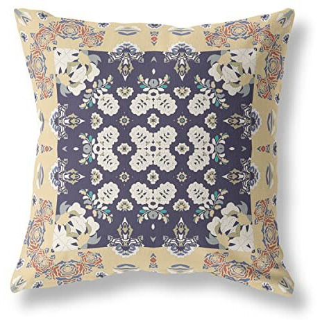 Amrita Sen Rose Box Suede Zippered Pillow w Insert in Yellow and Navy