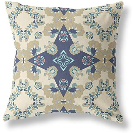 Amrita Sen Rose Diamond Suede Zippered Pillow w Insert in Cream and Blue