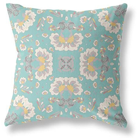 Amrita Sen Divine Flowers Suede Zippered Pillow w Insert in Green and White