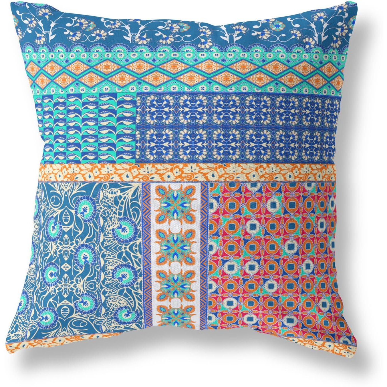 Amrita Sen Flower Castle Patchwork Suede Zippered Pillow w Insert in Blue and Orange