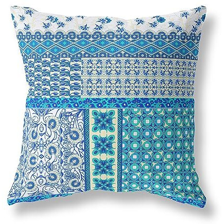 Amrita Sen Flower Castle Patchwork Suede Zippered Pillow w Insert in White and Blue