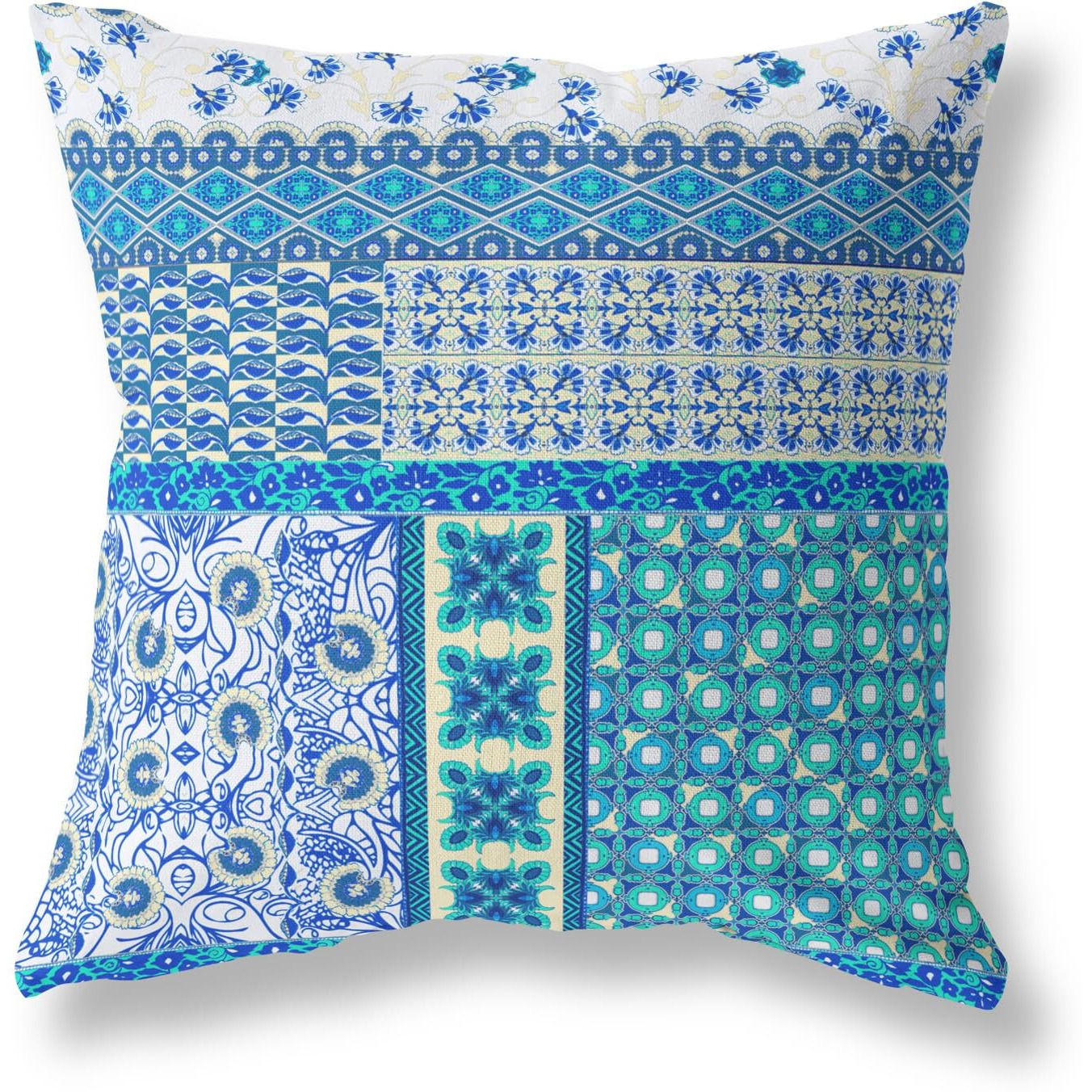Amrita Sen Flower Castle Patchwork Suede Zippered Pillow w Insert in White and Blue
