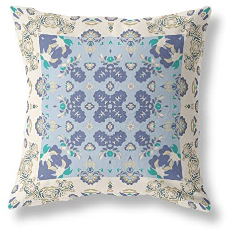 Amrita Sen Rose Box Suede Zippered Pillow w Insert in Off White and Blue