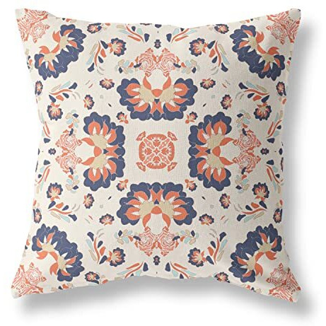 Amrita Sen Divine Flowers Suede Zippered Pillow w Insert in Off White and Blue