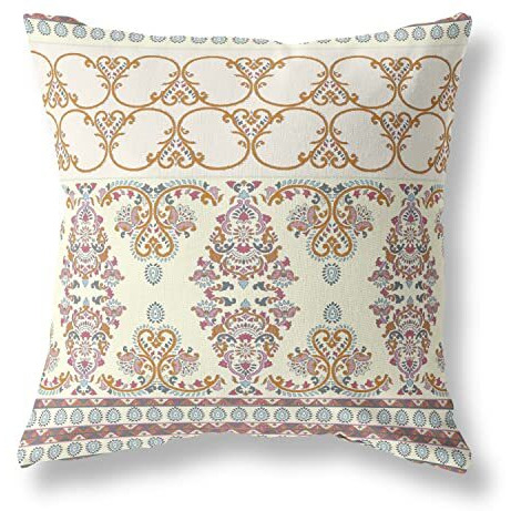Amrita Sen Nandini Flowers Suede Zippered Pillow w Insert in Off White and Orange