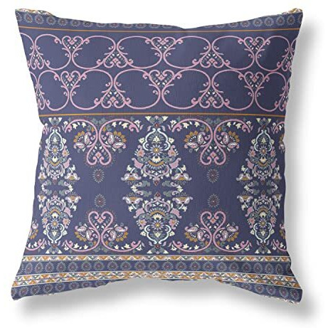 Amrita Sen Nandini Flowers Suede Zippered Pillow w Insert in Blue and Pink