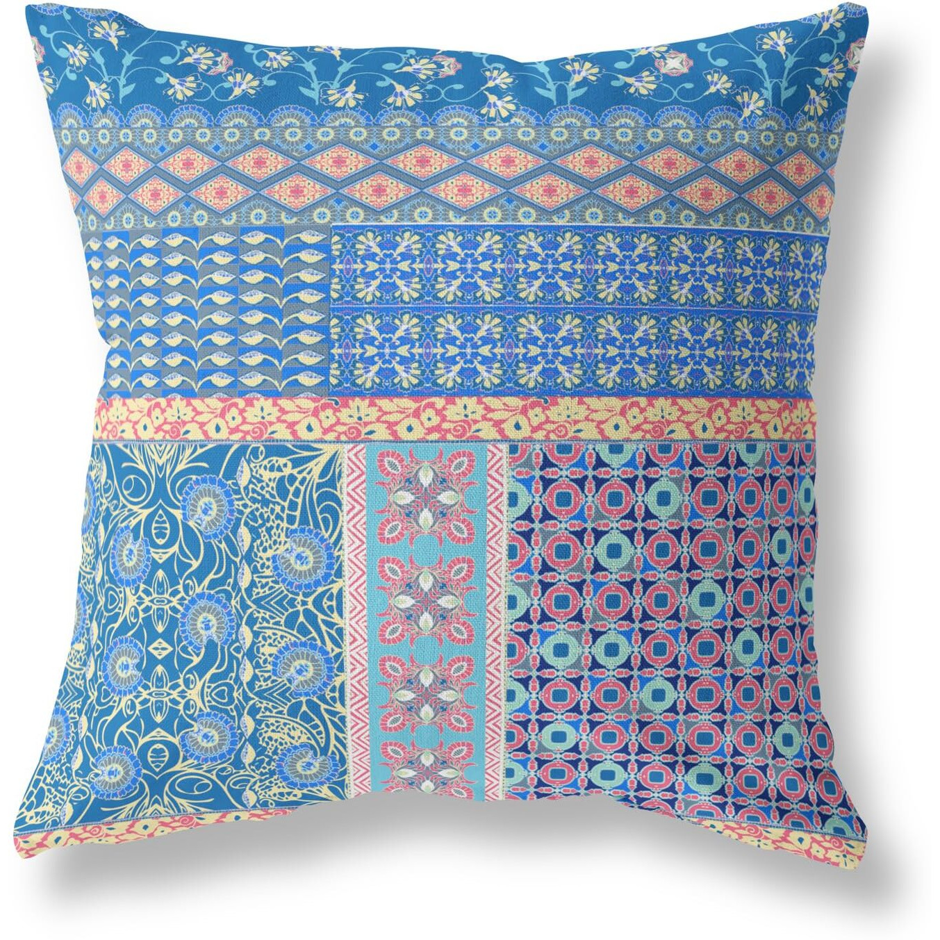 Amrita Sen Flower Castle Patchwork Suede Zippered Pillow w Insert in Blue and Yellow