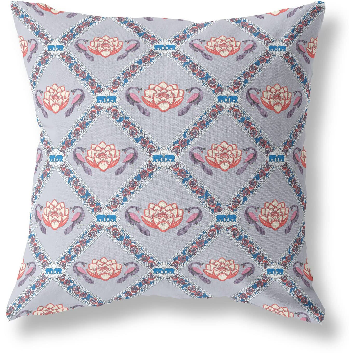 Amrita Sen Lotus Peacock Rose Suede Blown and Closed Pillow Gray Red Blue