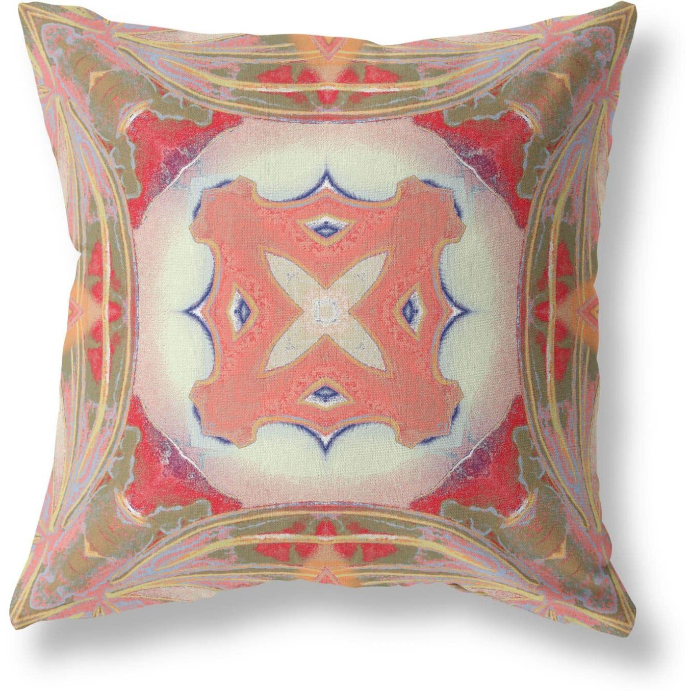 Amrita Sen Pastel Floral Squares Broadcloth Indoor Outdoor Zippered Pillow Muted Green Pink Peach Red