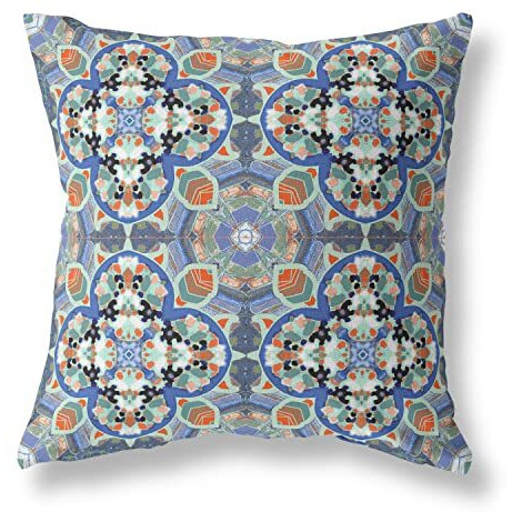Amrita Sen Clover Leaf Floral Suede Zippered Pillow with Insert Blue Orange
