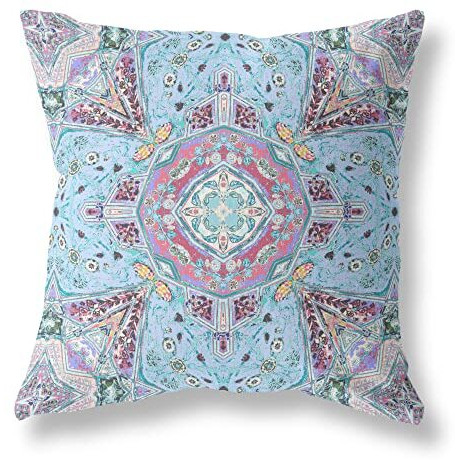 Amrita Sen Buddha Flower Ceremony Suede Zippered Pillow with Insert Light Blue Magenta