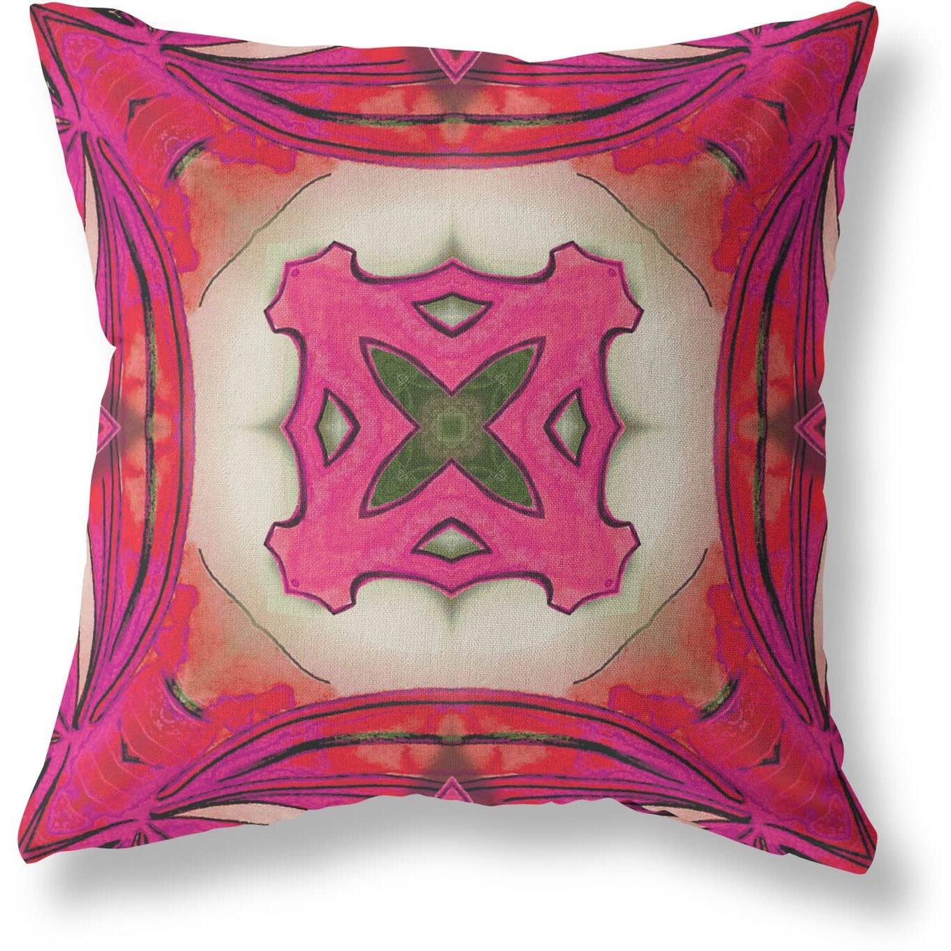 Amrita Sen Pastel Floral Squares Suede Blown and Closed Pillow Hot Pink