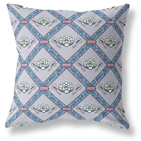 Amrita Sen Lotus Peacock Rose Broadcloth Indoor Outdoor Zippered Pillow Gray Sea Blue Pink