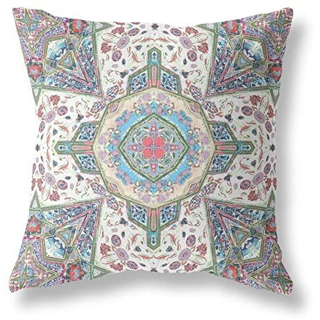 Amrita Sen Buddha Flower Ceremony Suede Zippered Pillow with Insert Green Cream Pink