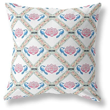 Amrita Sen Lotus Peacock Rose Broadcloth Indoor Outdoor Zippered Pillow White Blue Gray