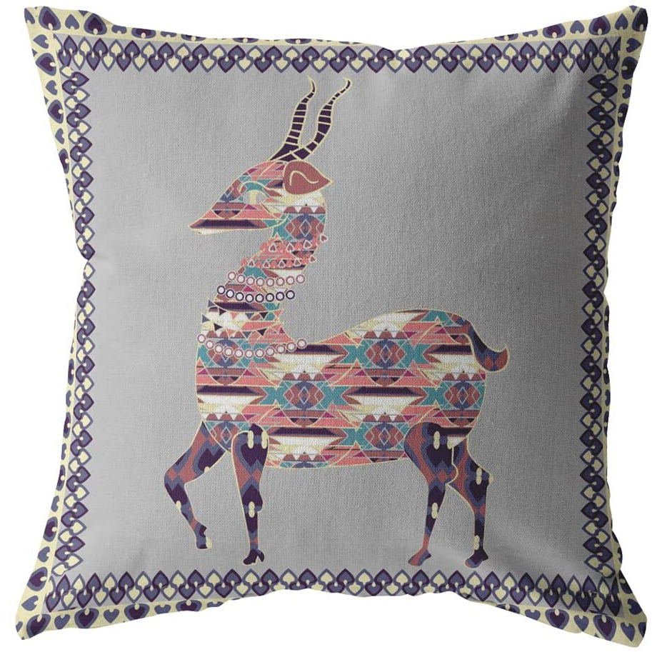 Amrita Sen Standing Deer Broadcloth Indoor Outdoor Blown and Closed Pillow Purple on Cream