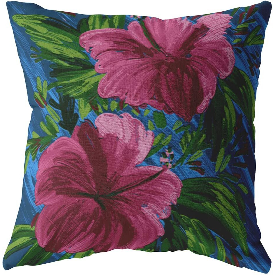 Amrita Sen Hawaiian Flowers Broadcloth Indoor Outdoor Zippered Pillow Hot Pink on Blue