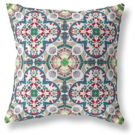 Amrita Sen Clover Leaf Floral Suede Zippered Pillow with Insert Green Red White