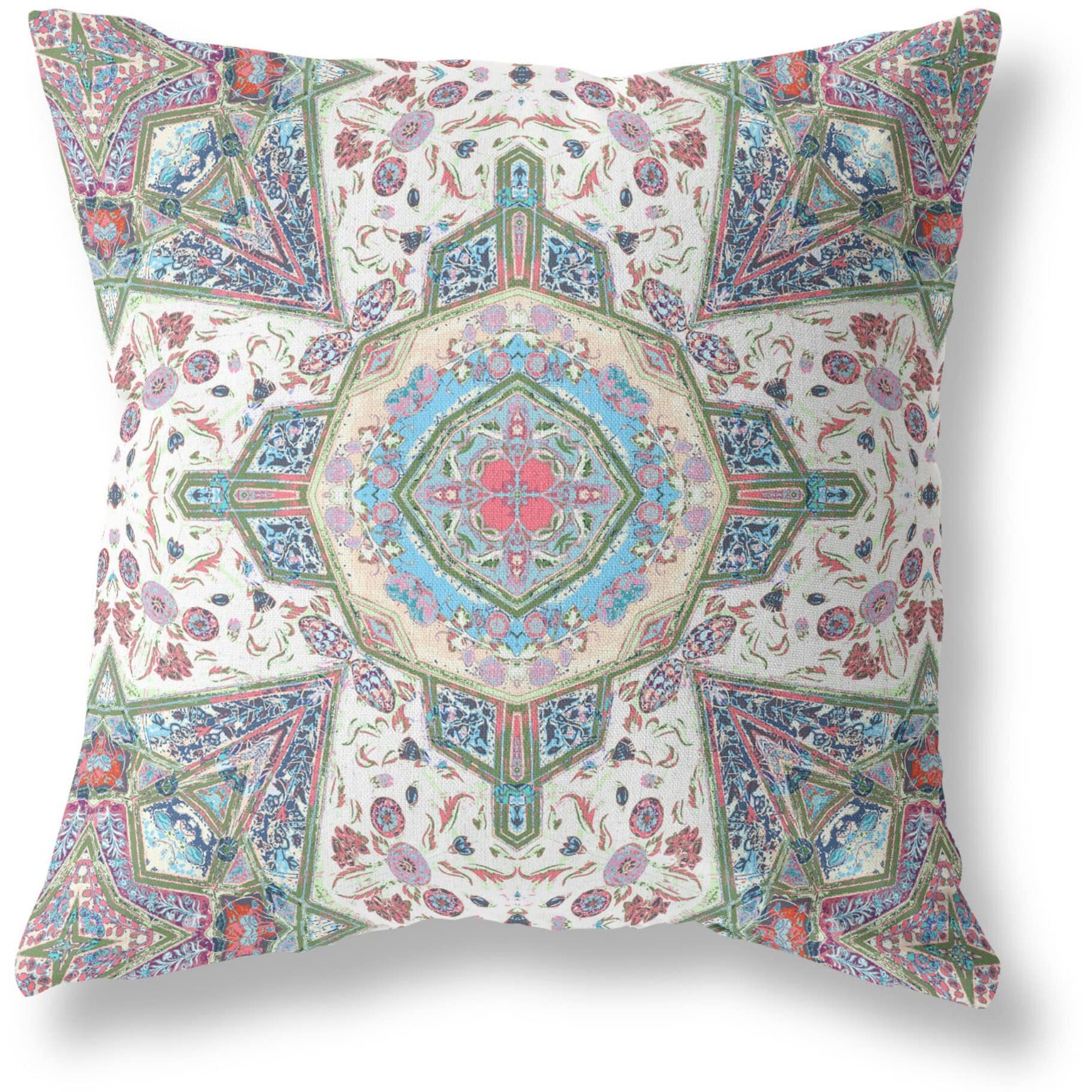 Amrita Sen Buddha Flower Ceremony Suede Zippered Pillow with Insert Green Cream Pink