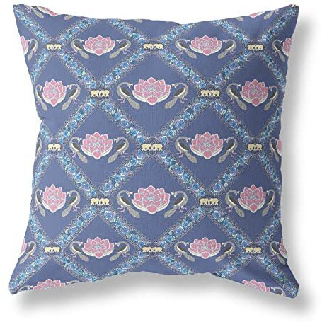Amrita Sen Lotus Peacock Rose Broadcloth Indoor Outdoor Blown and Closed Pillow Purple Blue Pink