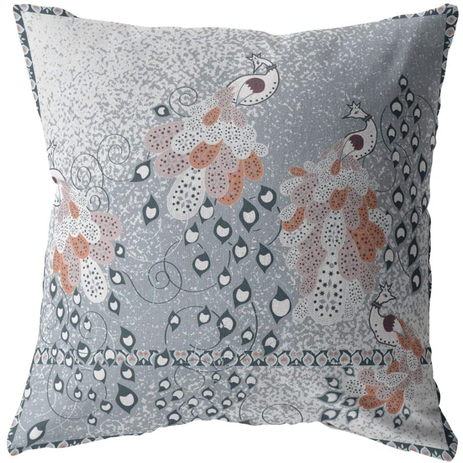 Amrita Sen Painted Peacock Broadcloth Indoor Outdoor Zippered Pillow Gray on Muted Blue
