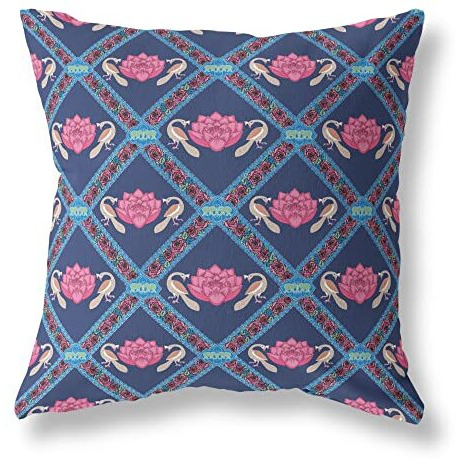 Amrita Sen Lotus Peacock Rose Suede Zippered Pillow with Insert Indigo Pink