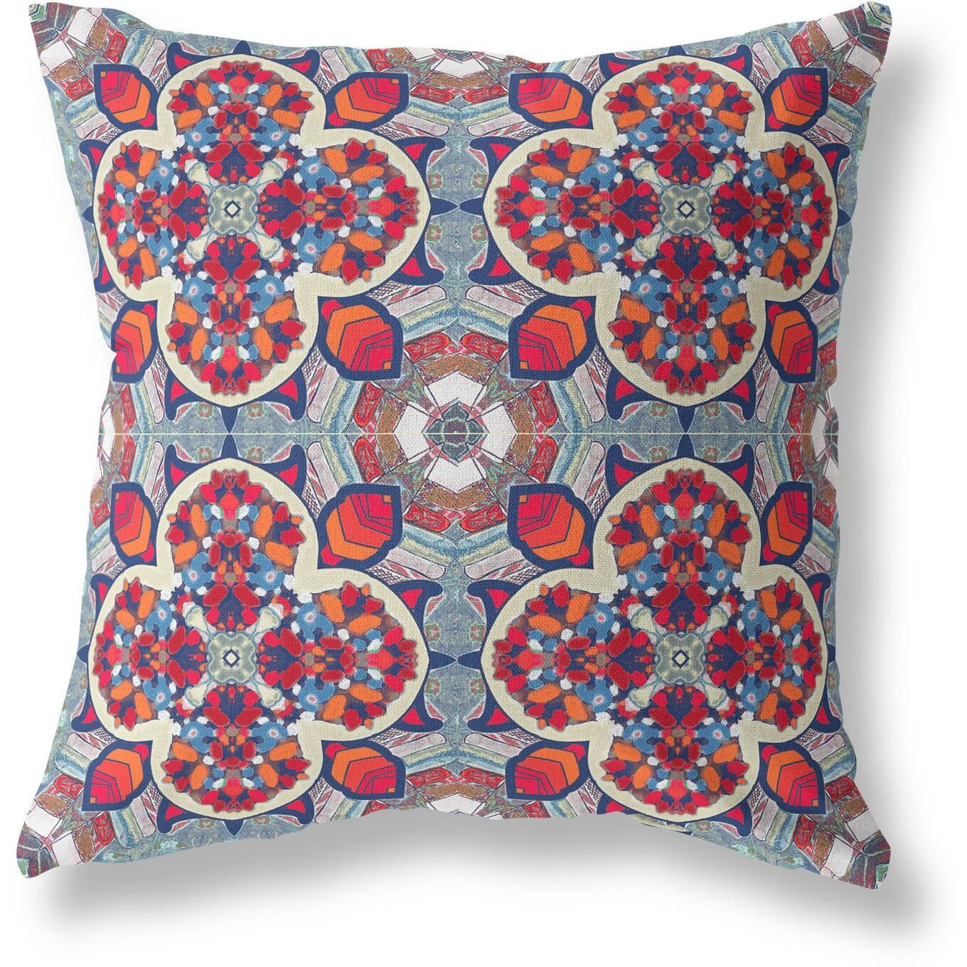 Amrita Sen Clover Leaf Floral Suede Zippered Pillow with Insert Red Orange Blue
