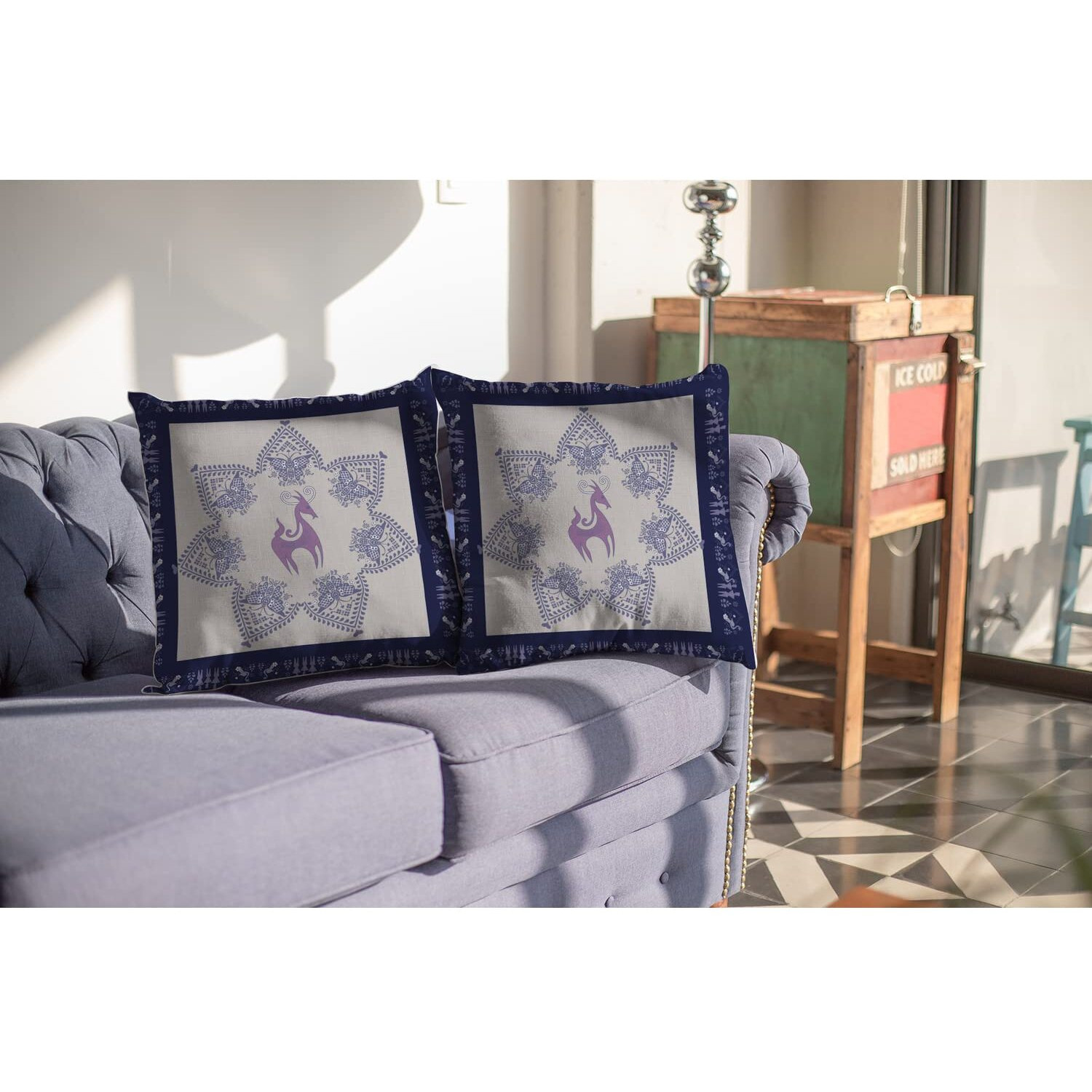 Amrita Sen Horse and Butterflies Broadcloth Indoor Outdoor Zippered Pillow Purple on Indigo