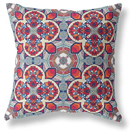 Amrita Sen Clover Leaf Floral Suede Blown and Closed Pillow Red Orange Blue