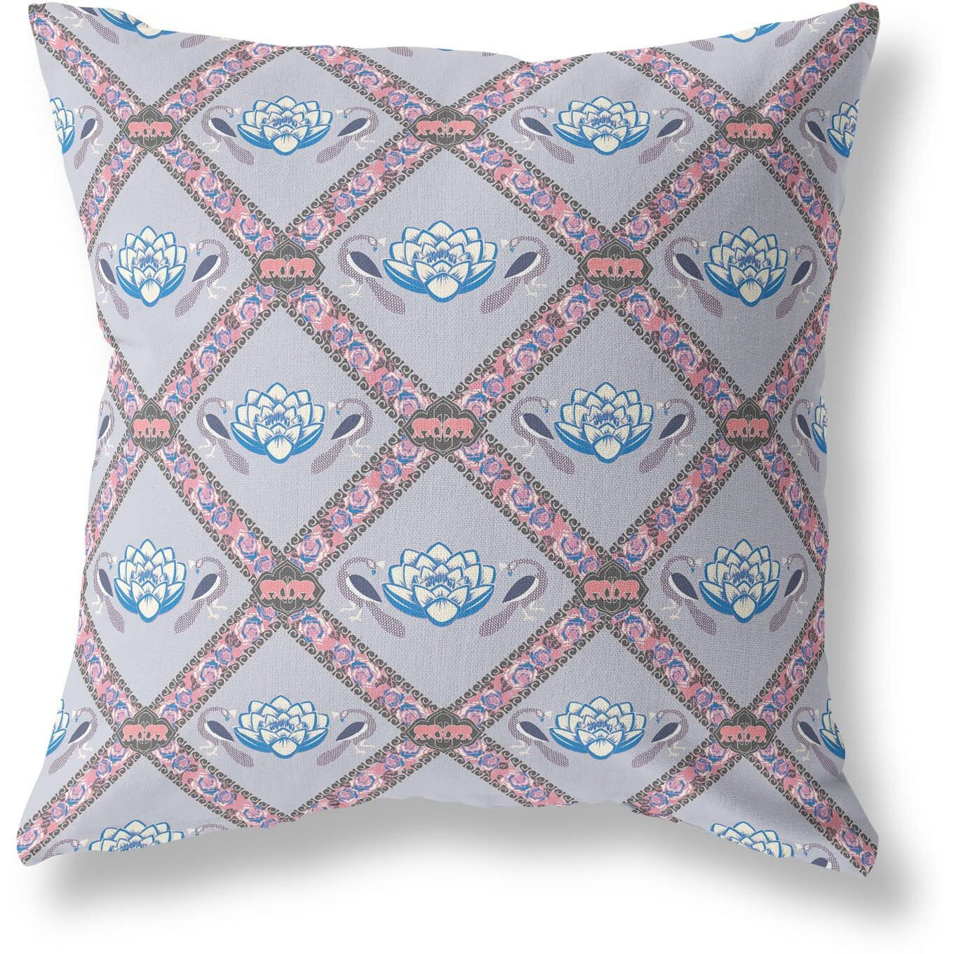 Amrita Sen Lotus Peacock Rose Broadcloth Indoor Outdoor Blown and Closed Pillow Gray Blue Pink