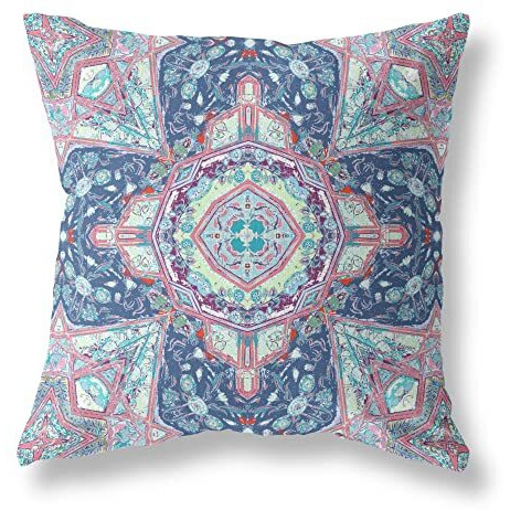 Amrita Sen Buddha Flower Ceremony Suede Zippered Pillow with Insert Blue Light Blue Pink