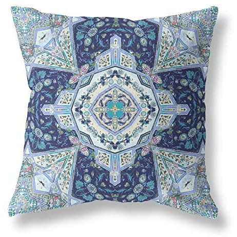 Amrita Sen Buddha Flower Ceremony Suede Zippered Pillow with Insert Indigo Light Blue