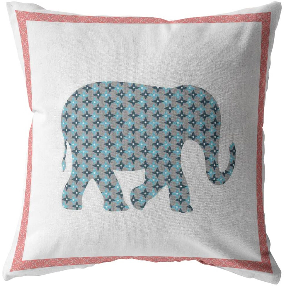 Amrita Sen Light Elephant Broadcloth Indoor Outdoor Zippered Pillow Blue and Pink on White
