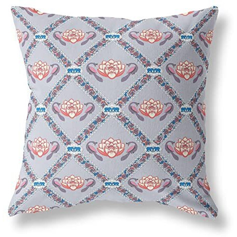 Amrita Sen Lotus Peacock Rose Broadcloth Indoor Outdoor Zippered Pillow Gray Red Blue