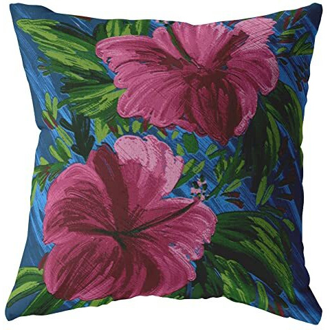 Amrita Sen Hawaiian Flowers Suede Blown and Closed Pillow Hot Pink on Blue