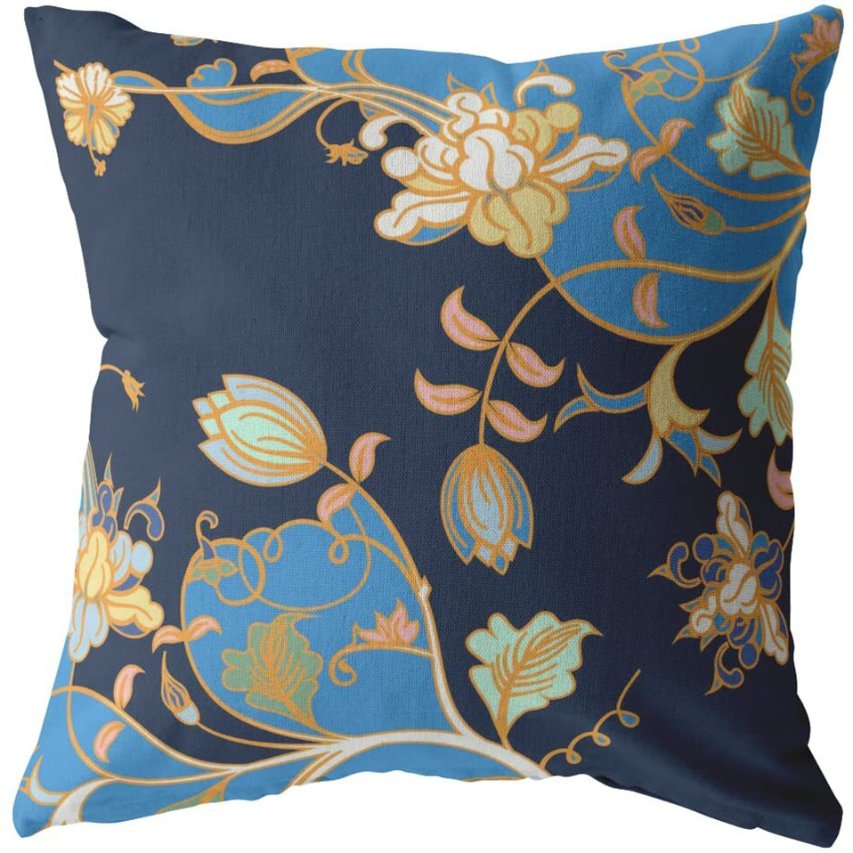 Amrita Sen Carnation Garden Broadcloth Indoor Outdoor Blown and Closed Pillow Light Blue on Navy
