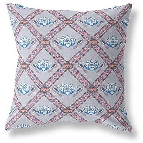Amrita Sen Lotus Peacock Rose Suede Zippered Pillow with Insert Gray Blue Pink