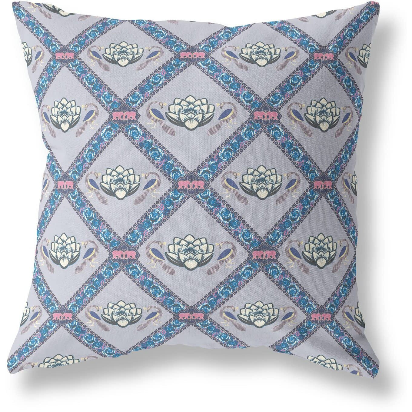 Amrita Sen Lotus Peacock Rose Suede Blown and Closed Pillow Gray Sea Blue Pink