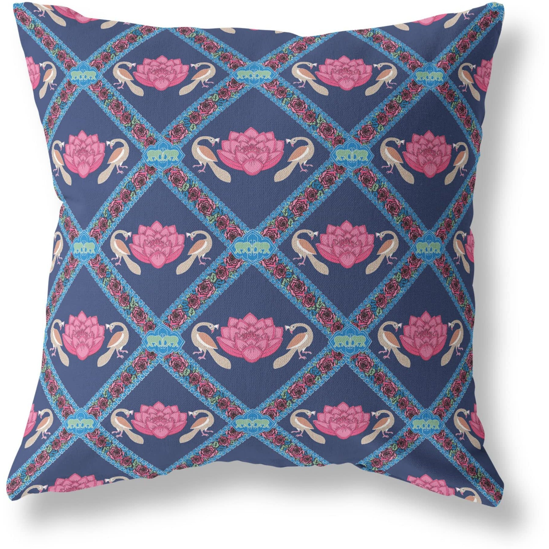 Amrita Sen Lotus Peacock Rose Broadcloth Indoor Outdoor Zippered Pillow Indigo Pink