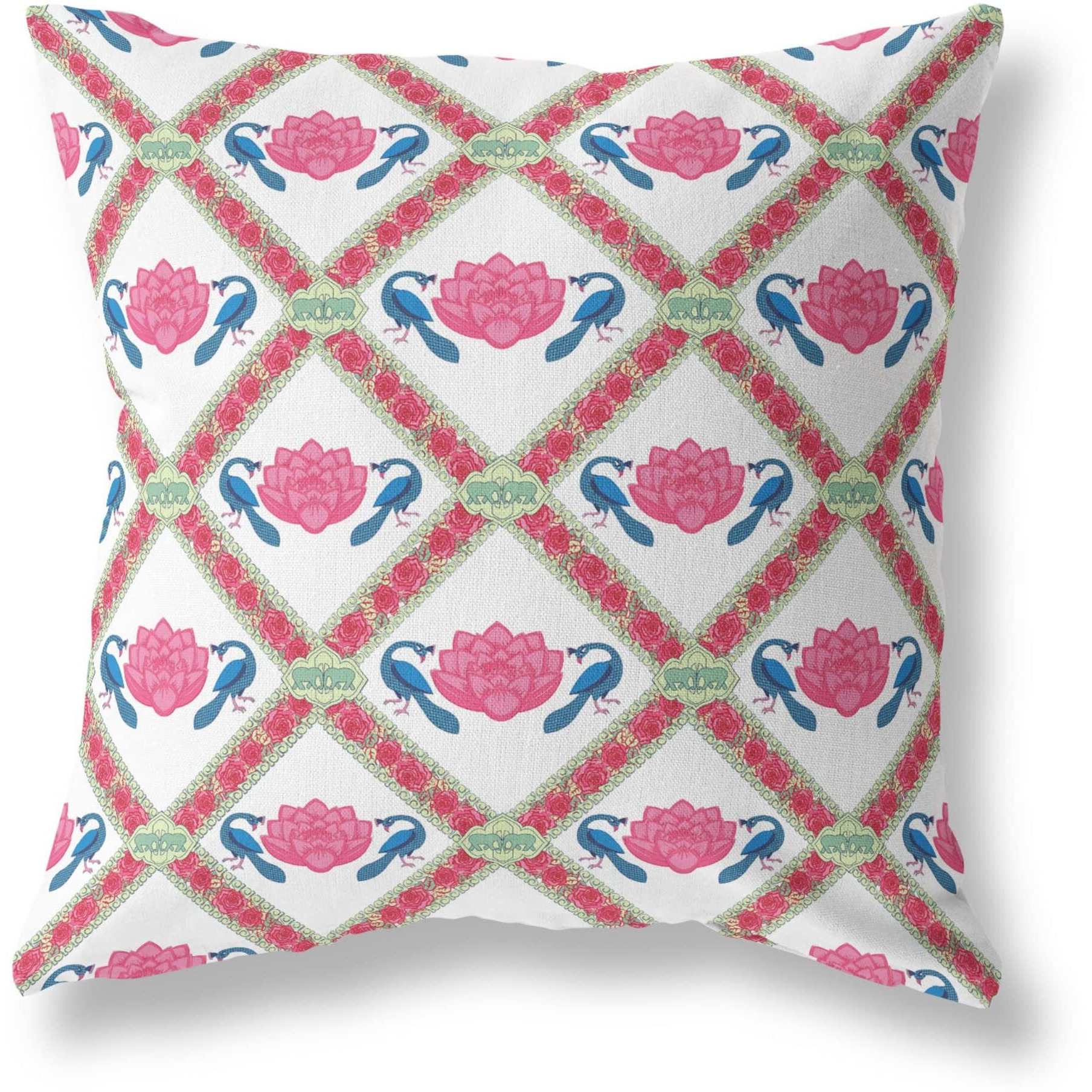 Amrita Sen Lotus Peacock Rose Broadcloth Indoor Outdoor Zippered Pillow Pink Blue White