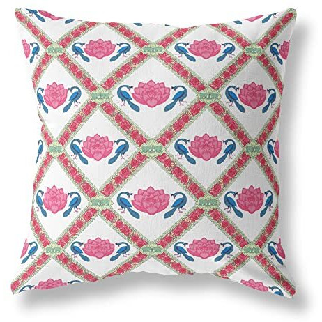 Amrita Sen Lotus Peacock Rose Broadcloth Indoor Outdoor Blown and Closed Pillow Pink Blue White