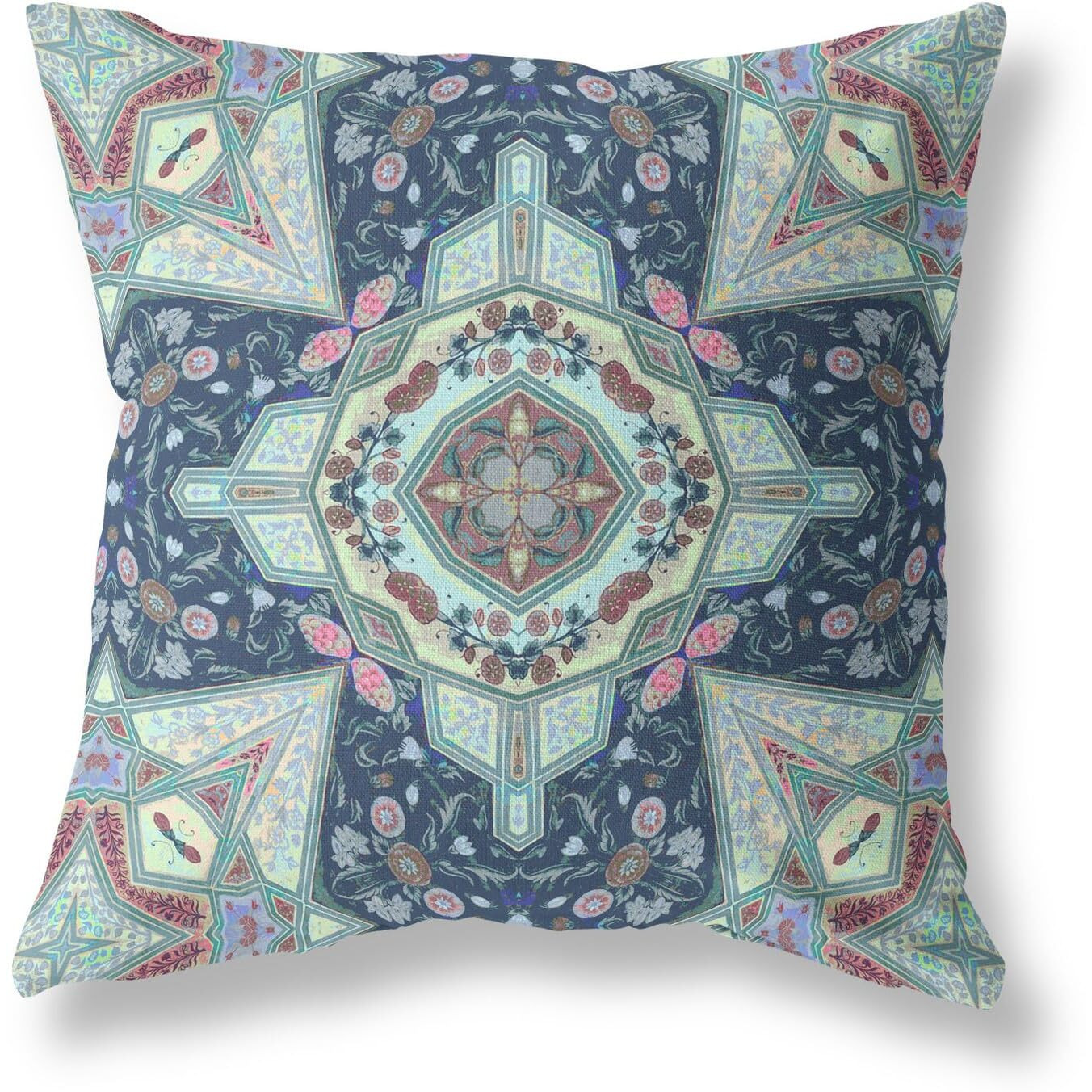 Amrita Sen Buddha Flower Ceremony Broadcloth Indoor Outdoor Zippered Pillow Indigo Aqua